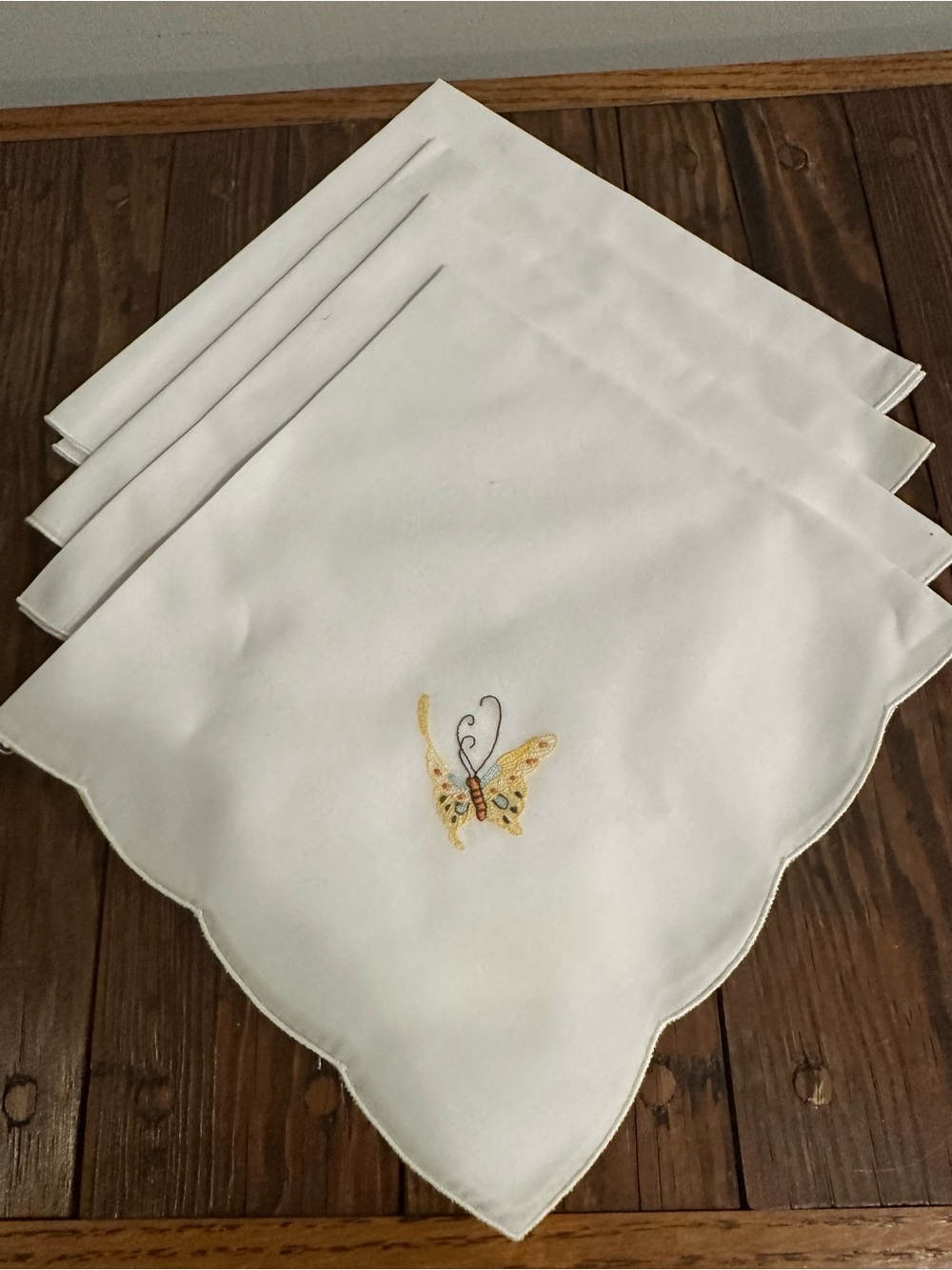White Linen Dinner Napkins with Yellow Butterfly Embroidery - Set of 4